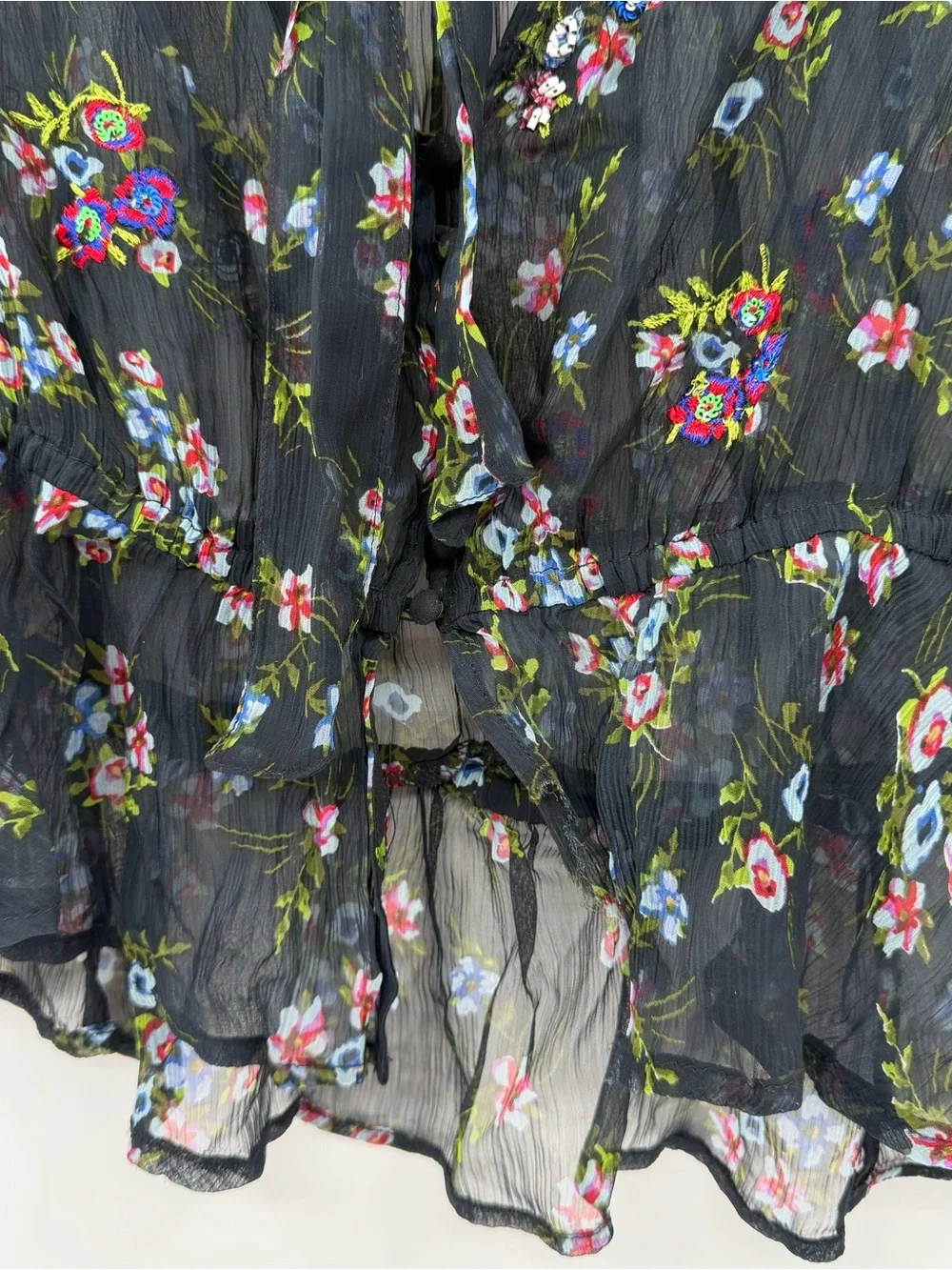 Free People Sheer Black Floral Tie-Neck Blouse beaded and embroidered size small